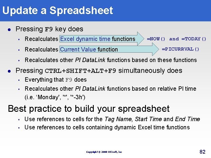 Update a Spreadsheet l l Pressing F 9 key does § Recalculates Excel dynamic Update a Spreadsheet l l Pressing F 9 key does § Recalculates Excel dynamic