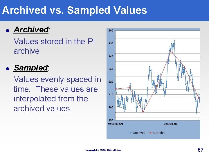 Archived vs. Sampled Values l l Archived: Values stored in the PI archive Sampled: Archived vs. Sampled Values l l Archived: Values stored in the PI archive Sampled: