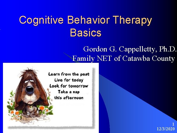 Cognitive Behavior Therapy Basics Gordon G. Cappelletty, Ph. D. Family NET of Catawba County
