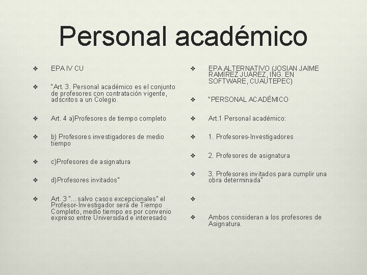 Personal académico v EPA IV CU v v “Art. 3. Personal académico es el