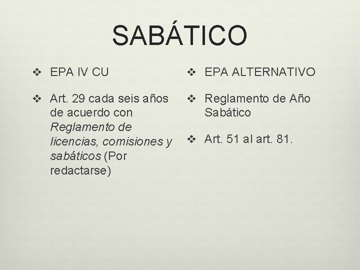 SABÁTICO v EPA IV CU v EPA ALTERNATIVO v Art. 29 cada seis años