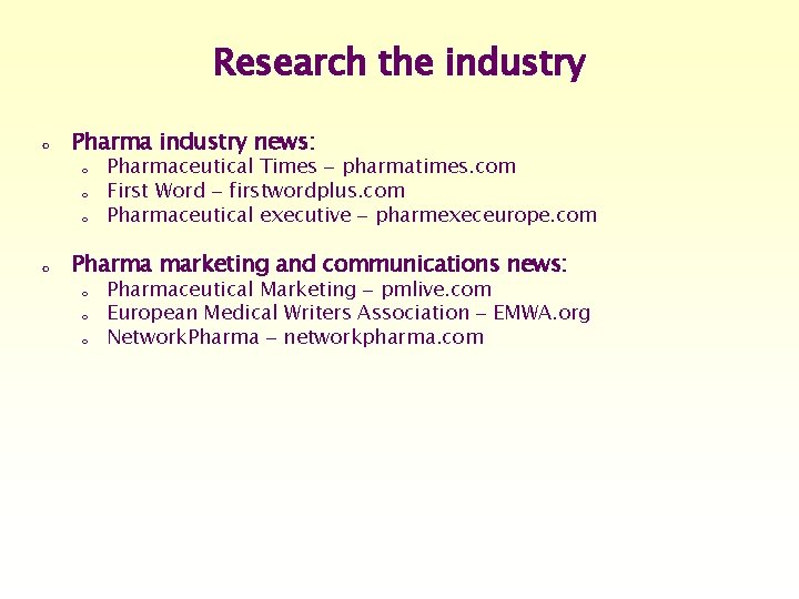 Research the industry o Pharma industry news: o Pharma marketing and communications news: o