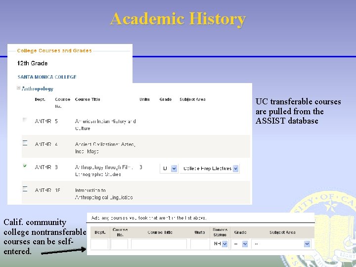 Academic History UC transferable courses are pulled from the ASSIST database Calif. community college