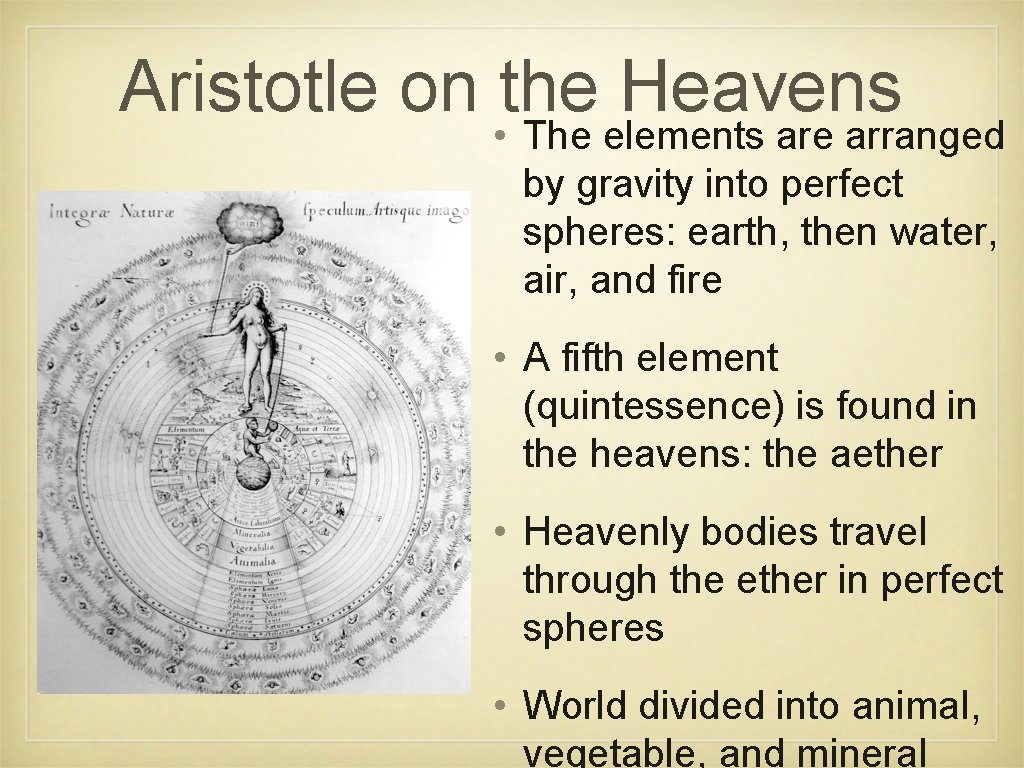 Aristotle on the Heavens • The elements are arranged by gravity into perfect spheres: