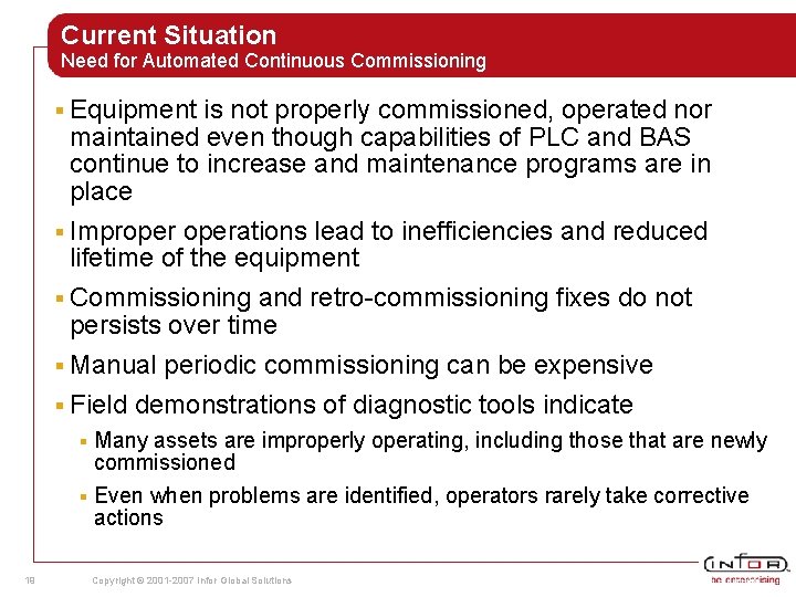 Current Situation Need for Automated Continuous Commissioning § Equipment is not properly commissioned, operated Current Situation Need for Automated Continuous Commissioning § Equipment is not properly commissioned, operated