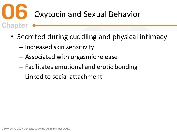 Oxytocin and Sexual Behavior • Secreted during cuddling and physical intimacy – Increased skin