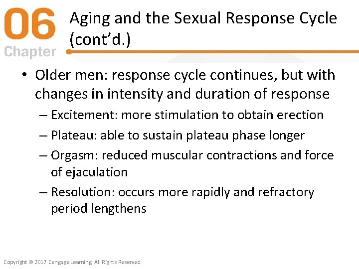 Aging and the Sexual Response Cycle (cont’d. ) • Older men: response cycle continues,