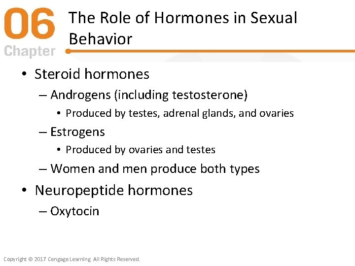 The Role of Hormones in Sexual Behavior • Steroid hormones – Androgens (including testosterone)