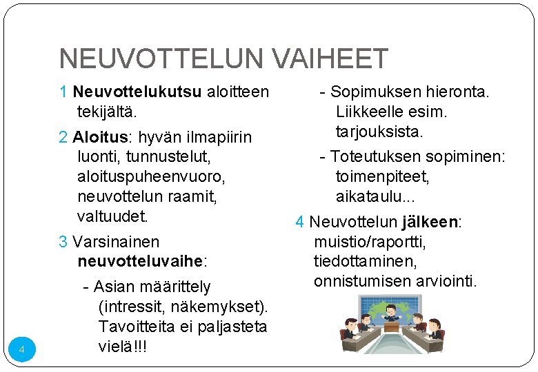 NEUVOTTELUN VAIHEET 1 Neuvottelukutsu aloitteen tekijältä. 2 Aloitus: hyvän ilmapiirin luonti, tunnustelut, aloituspuheenvuoro, neuvottelun