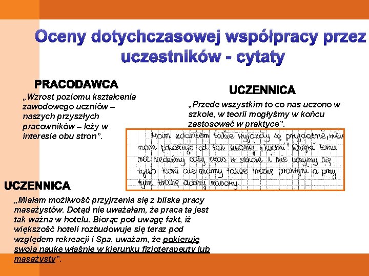 Oceny dotychczasowej współpracy przez uczestników - cytaty „Wzrost poziomu kształcenia zawodowego uczniów – naszych