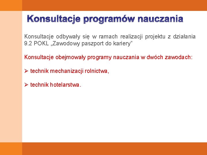 Konsultacje programów nauczania Konsultacje odbywały się w ramach realizacji projektu z działania 9. 2