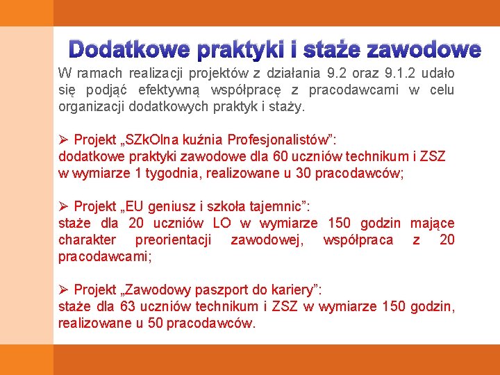 Dodatkowe praktyki i staże zawodowe W ramach realizacji projektów z działania 9. 2 oraz