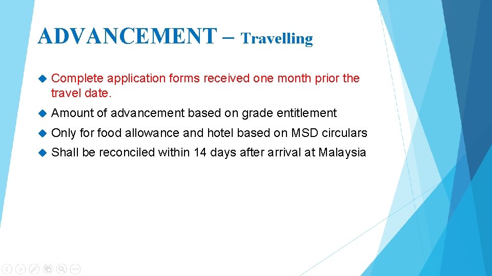 ADVANCEMENT – Travelling Complete application forms received one month prior the travel date. Amount