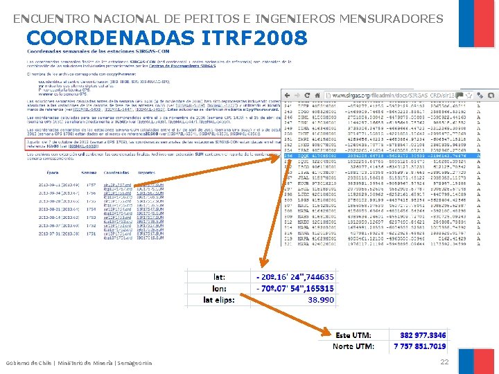 ENCUENTRO NACIONAL DE PERITOS E INGENIEROS MENSURADORES COORDENADAS ITRF 2008 Gobierno de Chile |