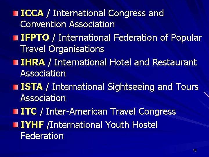 ICCA / International Congress and Convention Association IFPTO / International Federation of Popular Travel