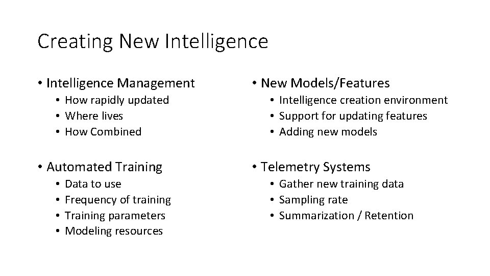 Creating New Intelligence • Intelligence Management • How rapidly updated • Where lives • Creating New Intelligence • Intelligence Management • How rapidly updated • Where lives •