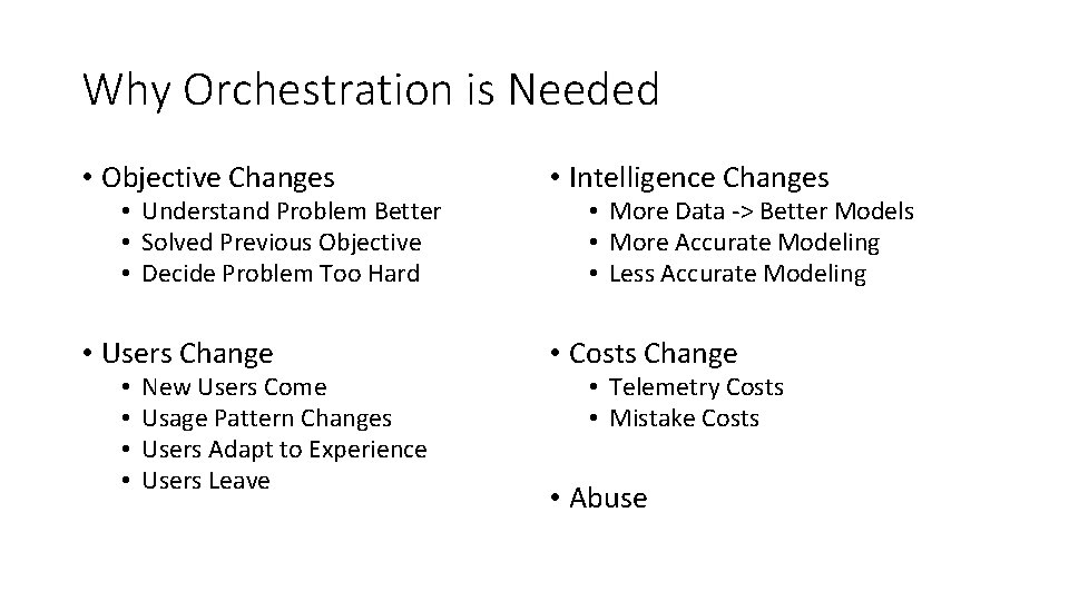 Why Orchestration is Needed • Objective Changes • Intelligence Changes • Users Change • Why Orchestration is Needed • Objective Changes • Intelligence Changes • Users Change •