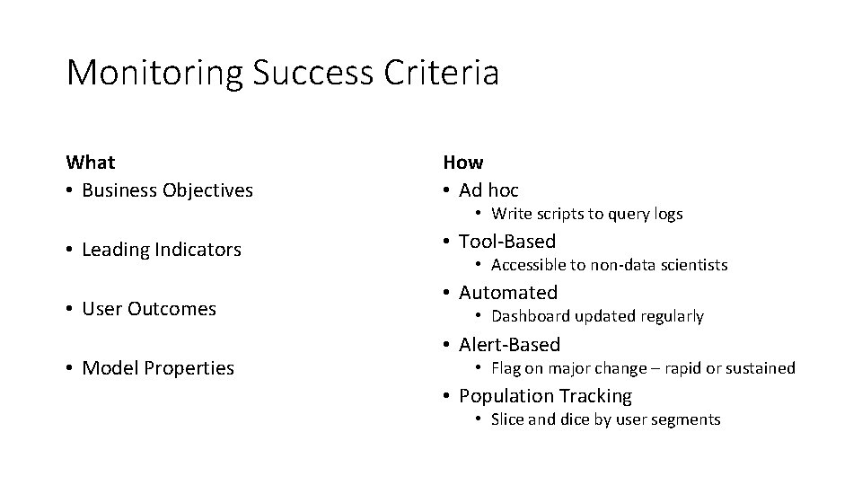 Monitoring Success Criteria What • Business Objectives How • Ad hoc • Leading Indicators Monitoring Success Criteria What • Business Objectives How • Ad hoc • Leading Indicators