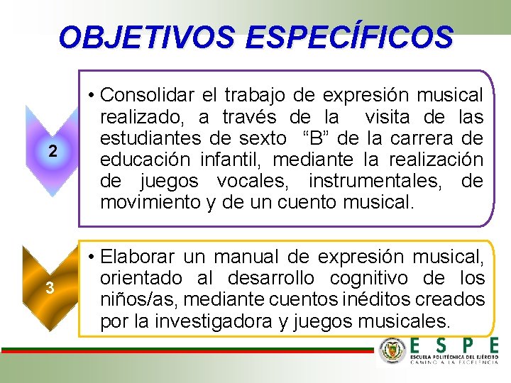 OBJETIVOS ESPECÍFICOS 2 • Consolidar el trabajo de expresión musical realizado, a través de