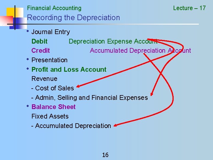 Financial Accounting Lecture – 17 Recording the Depreciation • Journal Entry • • •