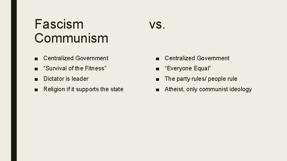 Fascism Communism vs. ■ Centralized Government ■ “Survival of the Fitness” ■ “Everyone Equal”