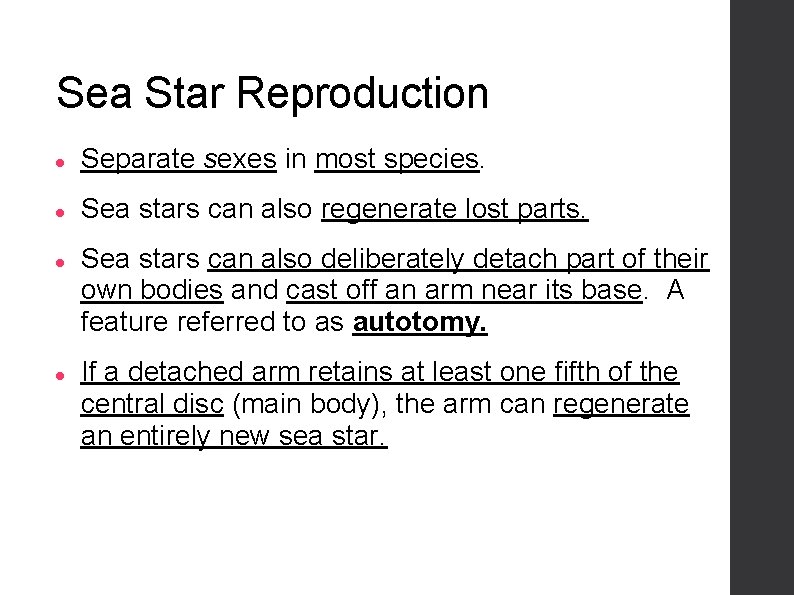 Sea Star Reproduction Separate sexes in most species. Sea stars can also regenerate lost