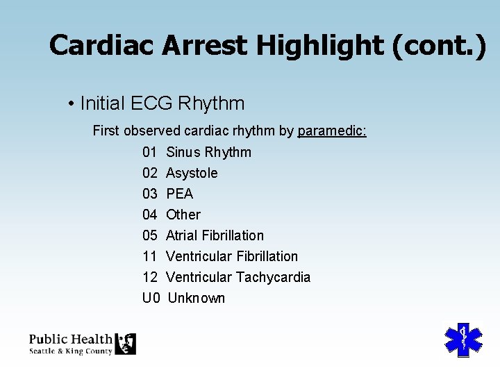 Cardiac Arrest Highlight (cont. ) • Initial ECG Rhythm First observed cardiac rhythm by