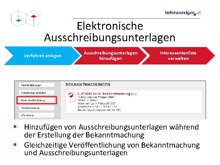 Elektronische Ausschreibungsunterlagen Verfahren anlegen Ausschreibungsunterlagen hinzufügen Interessentenliste verwalten § Hinzufügen von Ausschreibungsunterlagen während der