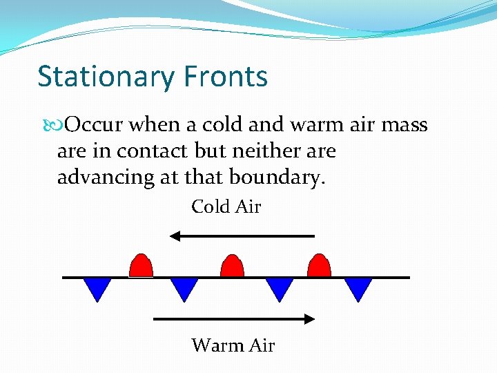 Stationary Fronts Occur when a cold and warm air mass are in contact but