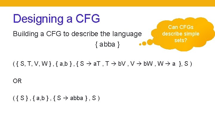 Designing a CFG Building a CFG to describe the language { abba } Can
