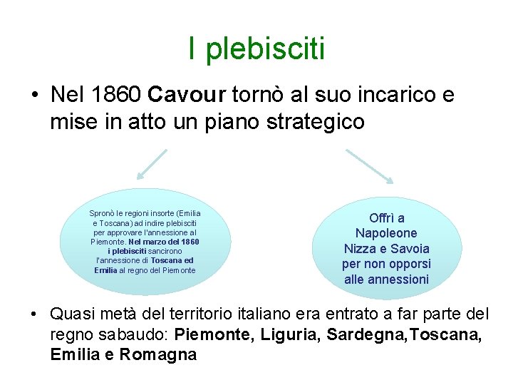 I plebisciti • Nel 1860 Cavour tornò al suo incarico e mise in atto