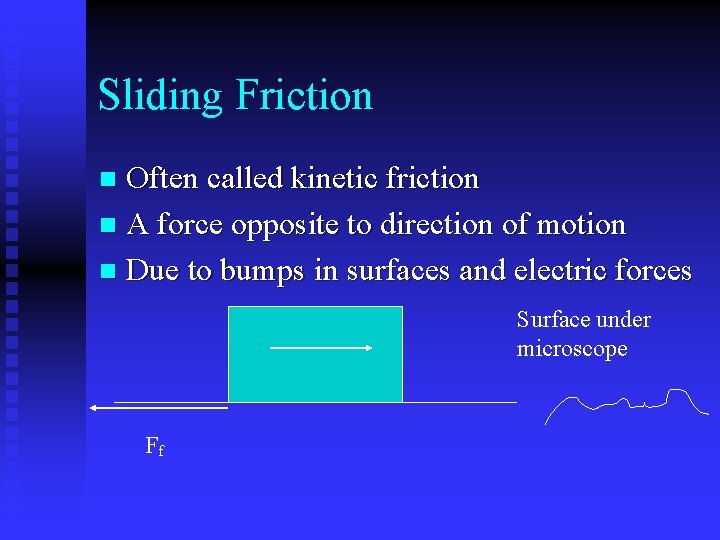 Sliding Friction Often called kinetic friction n A force opposite to direction of motion