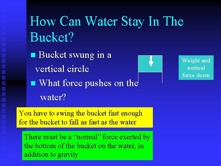 How Can Water Stay In The Bucket? Bucket swung in a vertical circle n