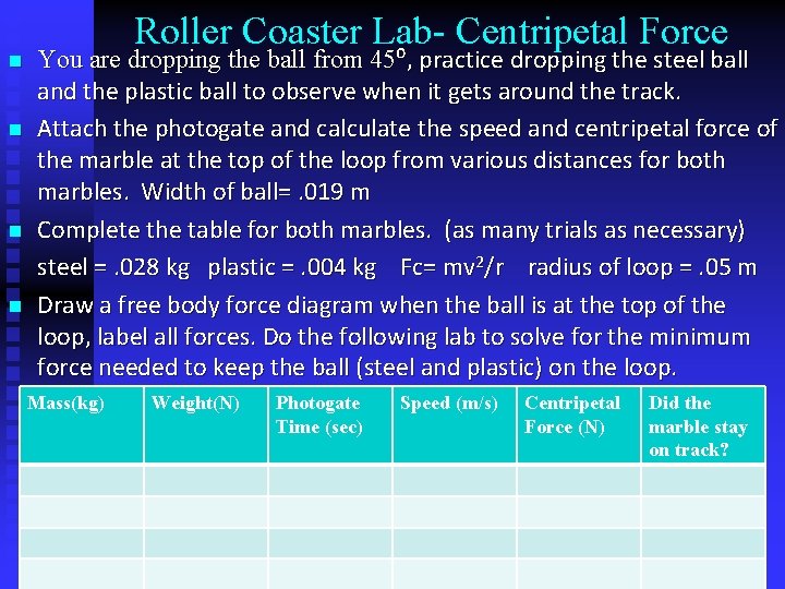 n n Roller Coaster Lab- Centripetal Force You are dropping the ball from 45⁰,