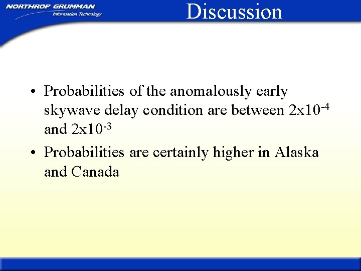 Discussion • Probabilities of the anomalously early skywave delay condition are between 2 x