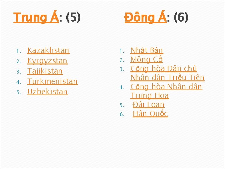 Trung Á: (5) 1. 2. 3. 4. 5. Kazakhstan Kyrgyzstan Tajikistan Turkmenistan Uzbekistan Đông