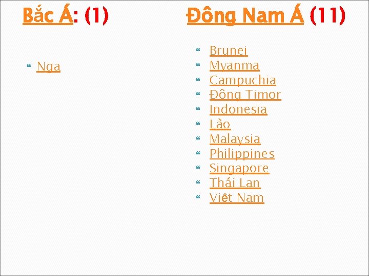 Bắc Á: (1) Đông Nam Á (11) Nga Brunei Myanma Campuchia Đông Timor Indonesia