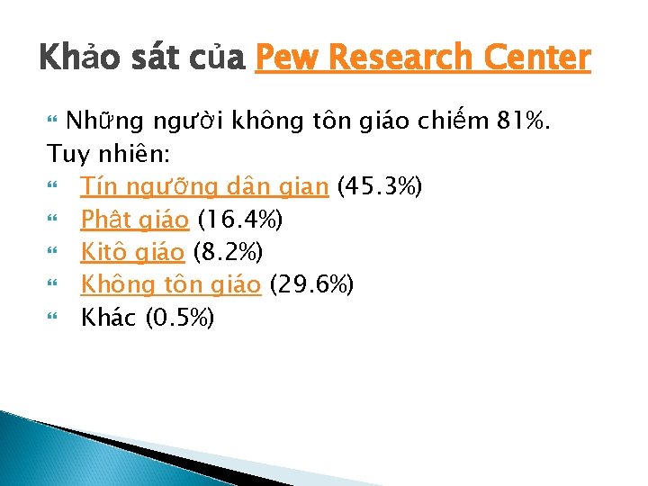 Khảo sát của Pew Research Center Những người không tôn giáo chiếm 81%. Tuy