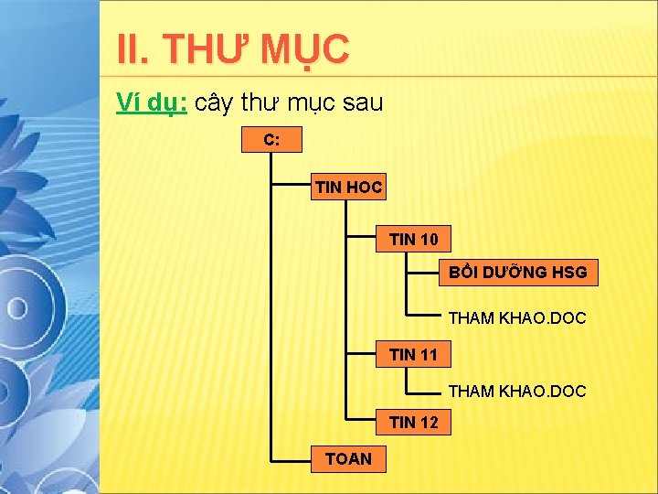 II. THƯ MỤC Ví dụ: cây thư mục sau C: TIN HOC TIN 10