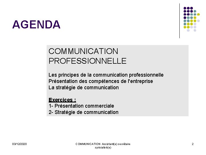 AGENDA COMMUNICATION PROFESSIONNELLE Les principes de la communication professionnelle Présentation des compétences de l'entreprise