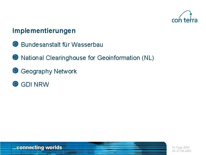 Implementierungen Bundesanstalt für Wasserbau National Clearinghouse for Geoinformation (NL) Geography Network GDI NRW .