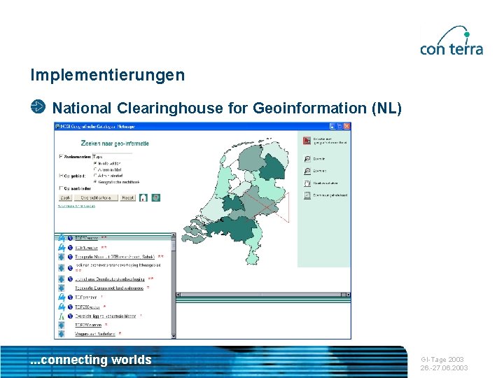 Implementierungen National Clearinghouse for Geoinformation (NL) . . . connecting worlds GI-Tage 2003 26.