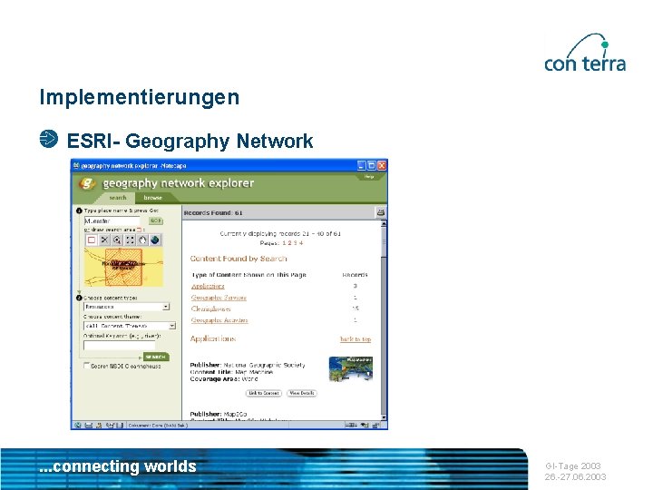 Implementierungen ESRI- Geography Network . . . connecting worlds GI-Tage 2003 26. -27. 06.