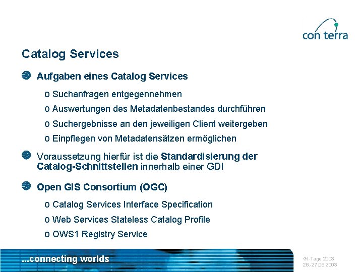 Catalog Services Aufgaben eines Catalog Services o Suchanfragen entgegennehmen o Auswertungen des Metadatenbestandes durchführen