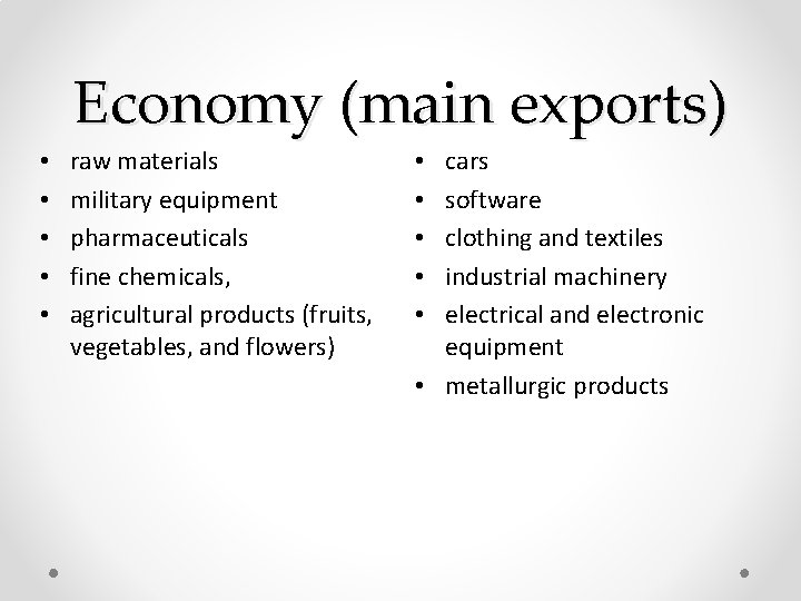 Economy (main exports) • • • raw materials military equipment pharmaceuticals fine chemicals, agricultural Economy (main exports) • • • raw materials military equipment pharmaceuticals fine chemicals, agricultural