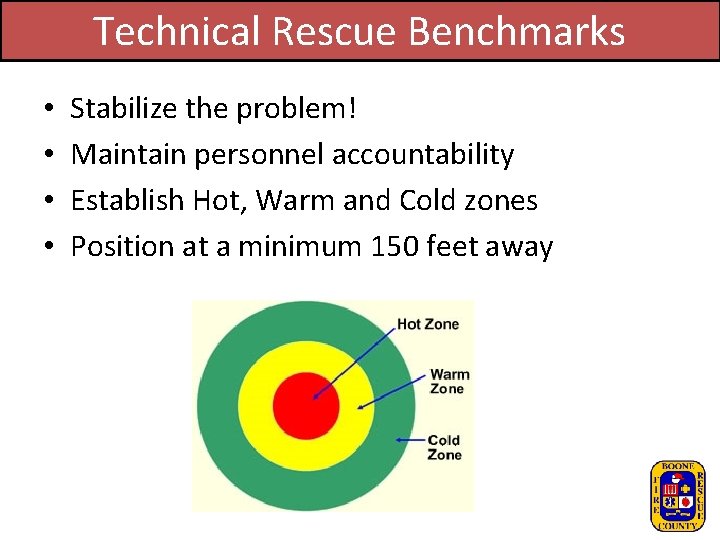Technical Rescue Benchmarks • • Stabilize the problem! Maintain personnel accountability Establish Hot, Warm
