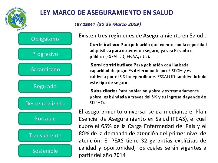 LEY MARCO DE ASEGURAMIENTO EN SALUD LEY 29344 (30 de Marzo 2009) Obligatorio Progresivo