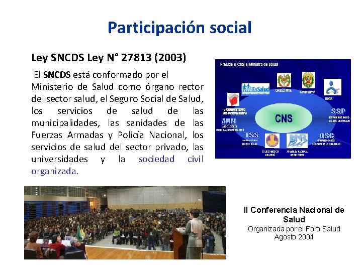 Participación social Ley SNCDS Ley N° 27813 (2003) El SNCDS está conformado por el