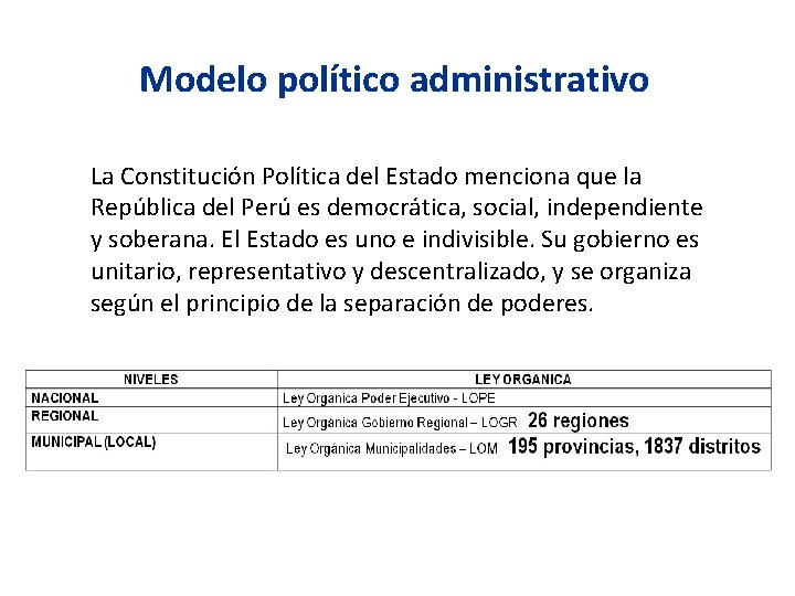Modelo político administrativo La Constitución Política del Estado menciona que la República del Perú