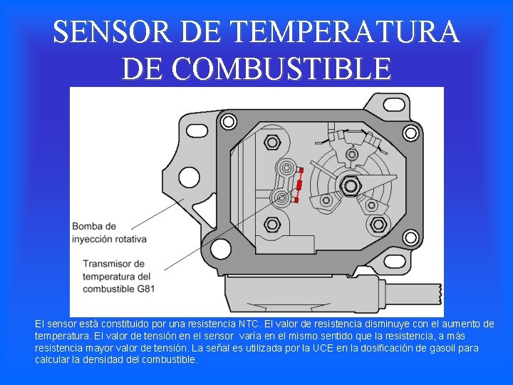 SENSOR DE TEMPERATURA DE COMBUSTIBLE El sensor está constituido por una resistencia NTC. El